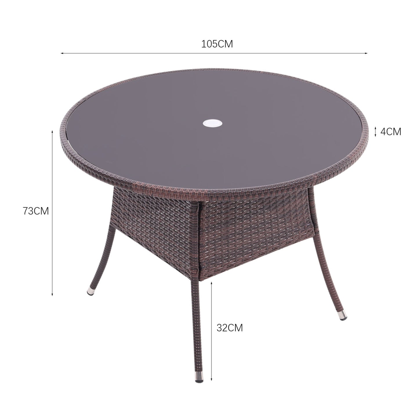 4 Seater Round Rattan Garden Table Brown with Tempered Glass Top