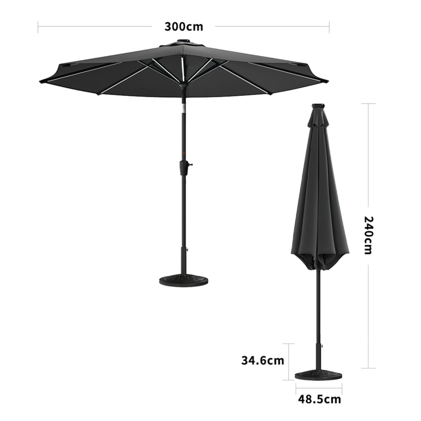 Solar LED Crank & Tilt Dark Grey Parasol With Resin Floral Base 3M