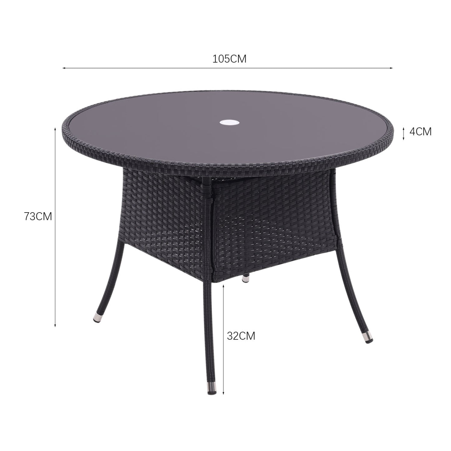 4 Seater Round Rattan Garden Table Black with Tempered Glass Top
