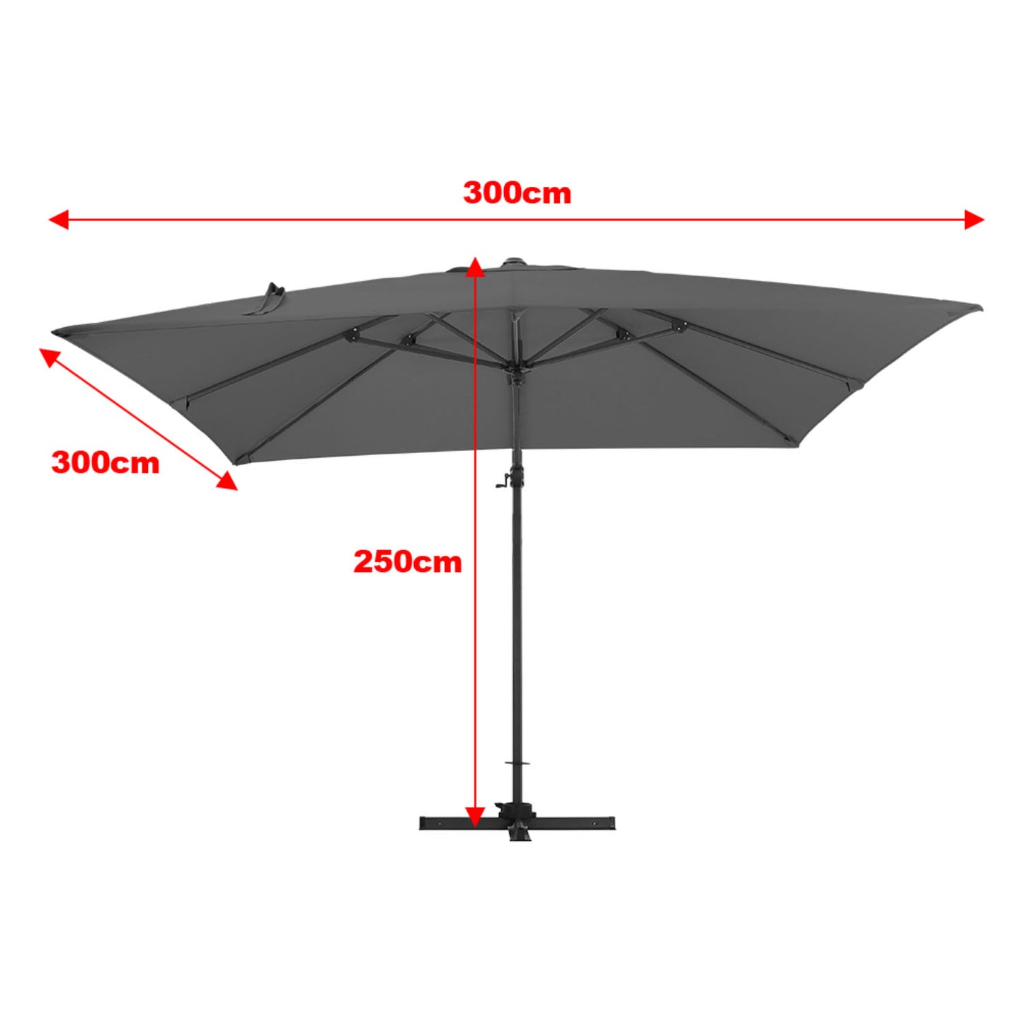 Square Cantilever 3m Crank Lift Garden Parasol Dark Grey with Square Base