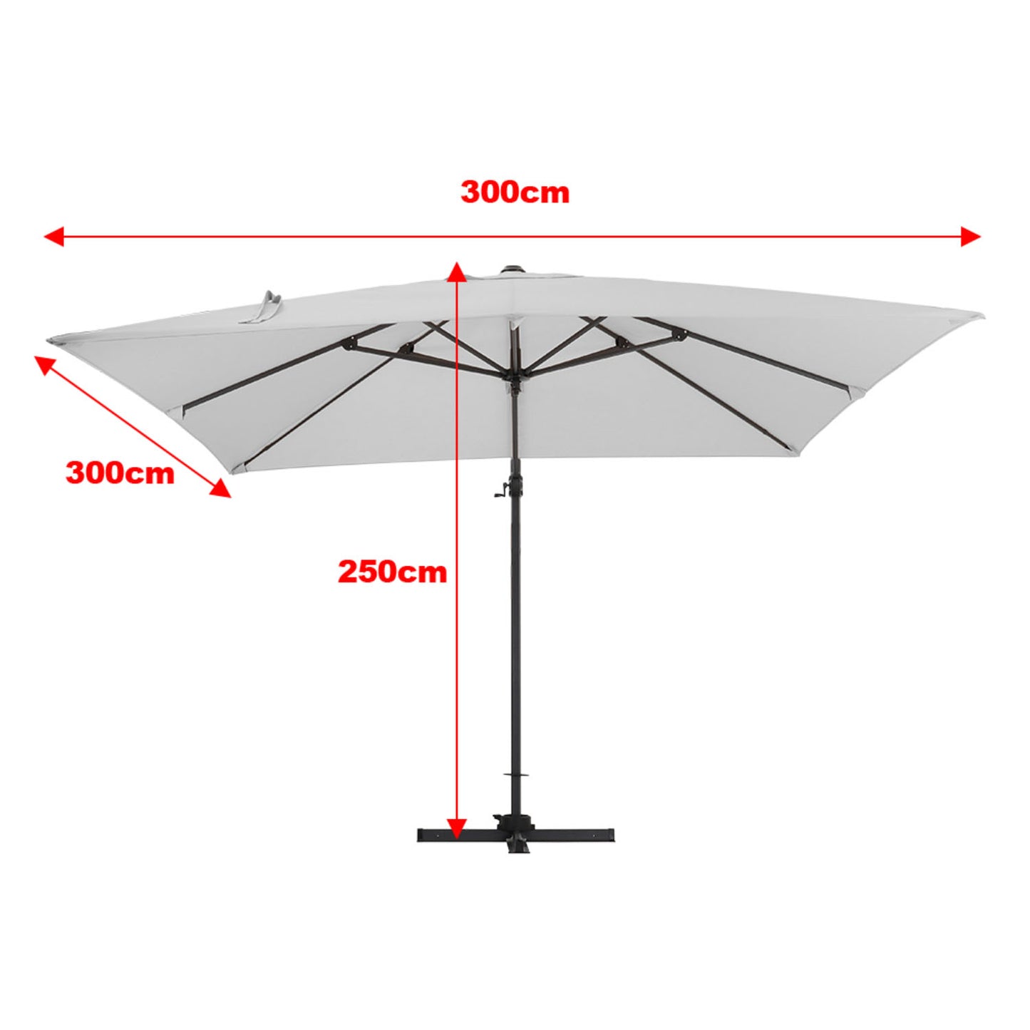 Square Cantilever 3m Crank Lift Garden Parasol light Grey with Square Base