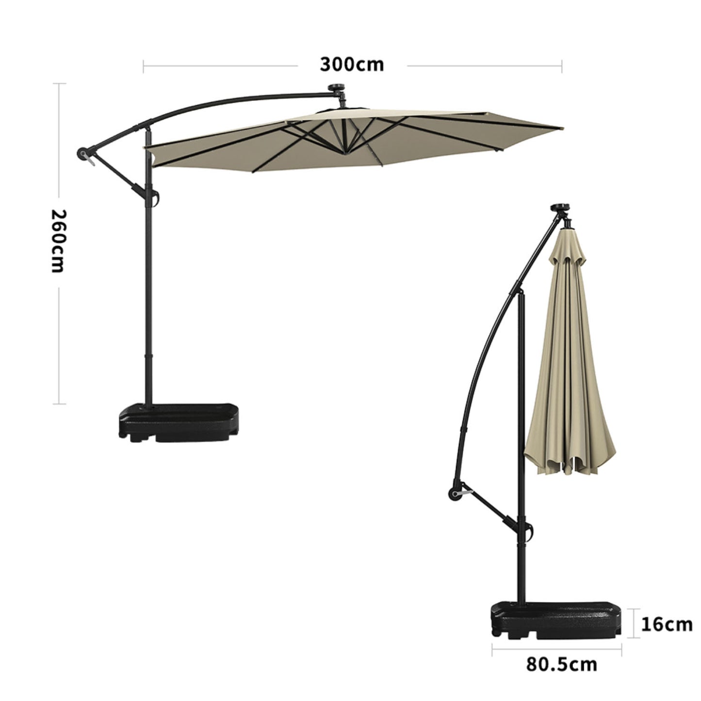 Cantilever Solar LED Garden Parasol Beige Crank Lift System With Base 3m