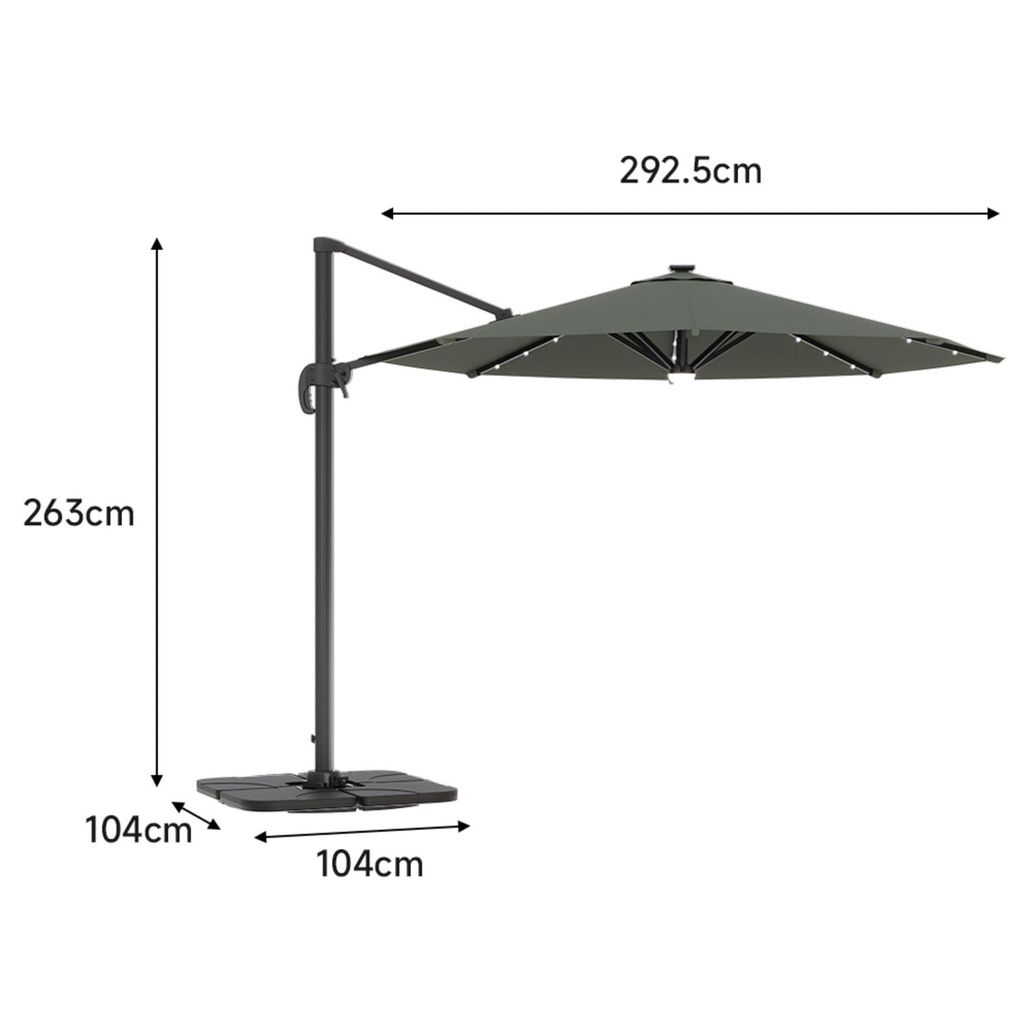LED Round Rotatable Cantilever Parasol Dark Grey With Square Base 3M