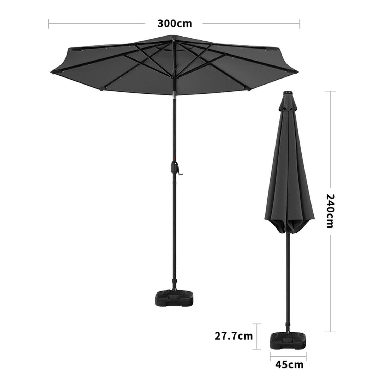 Crank and Tilt 24 Solar LED Dark Grey Garden Parasol with Plastic Fillable Base 3m