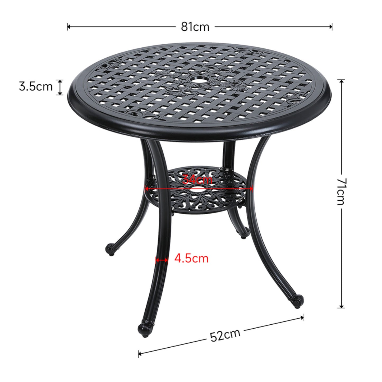 Black Cast Aluminum Round Bistro Patio Table with Parasol Hole
