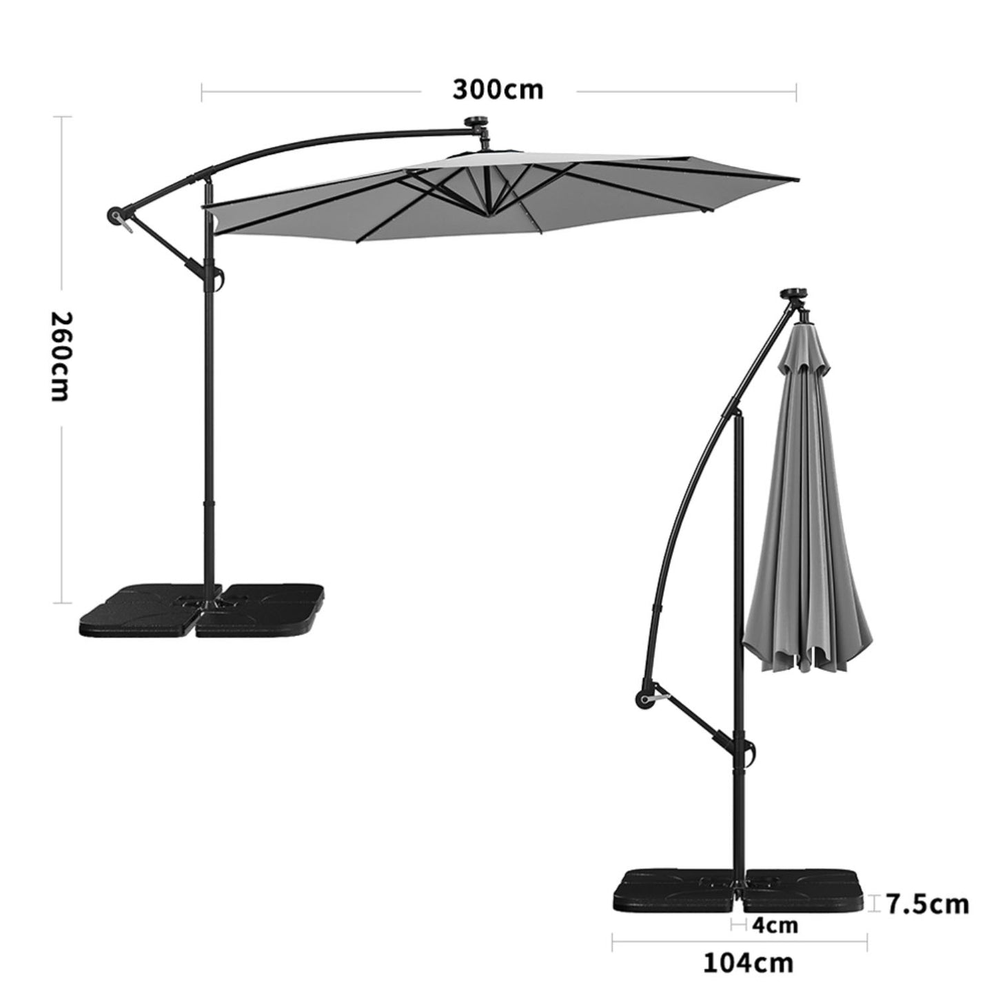 Cantilever Parasol LED Light Grey with Base 3m