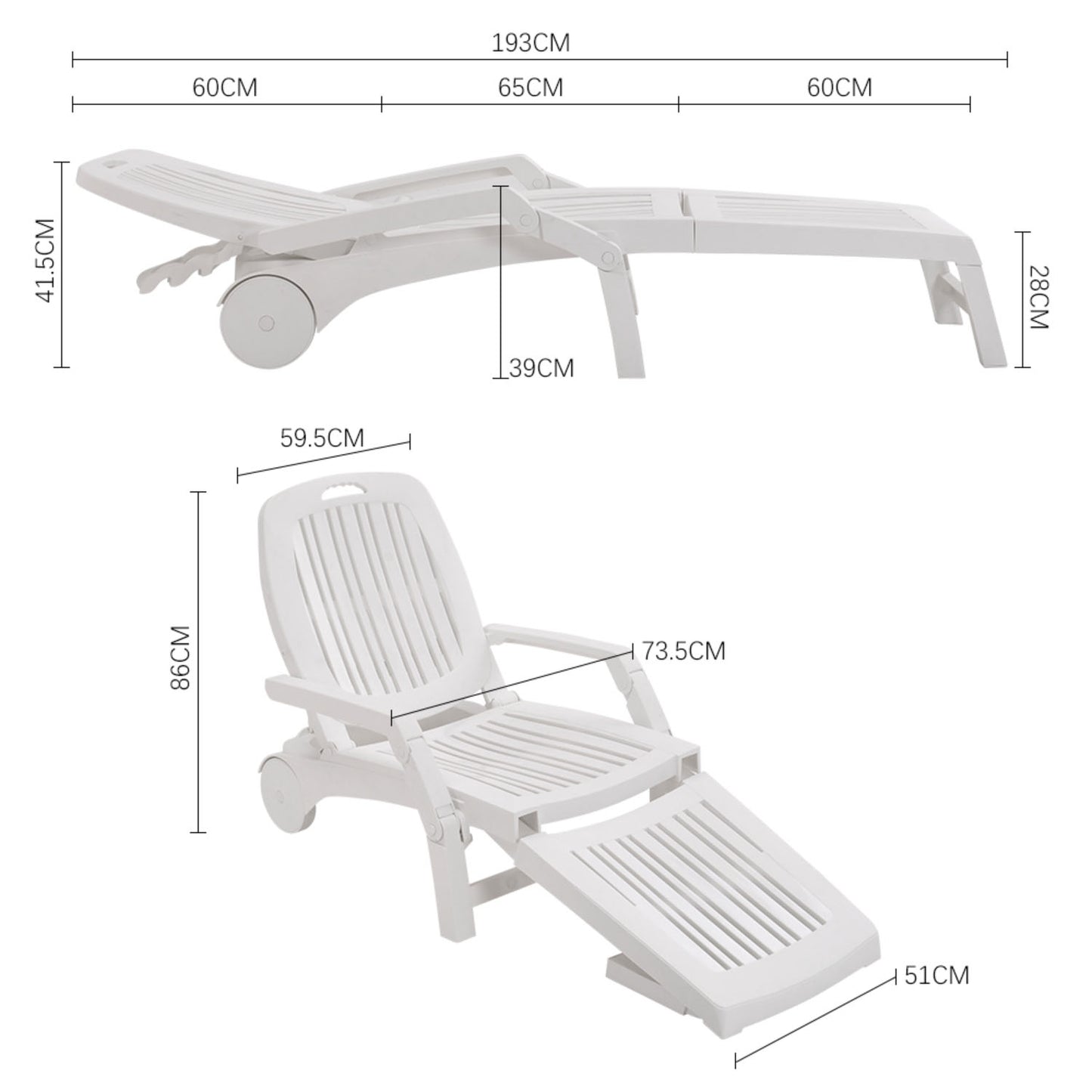 Adjustable Folding Lounge Recliner Chair with Wheels White