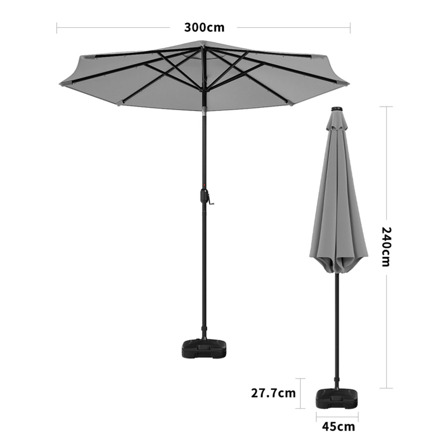 Crank and Tilt 24 Solar LED Light Grey Garden Parasol with Plastic Fillable Base 3m