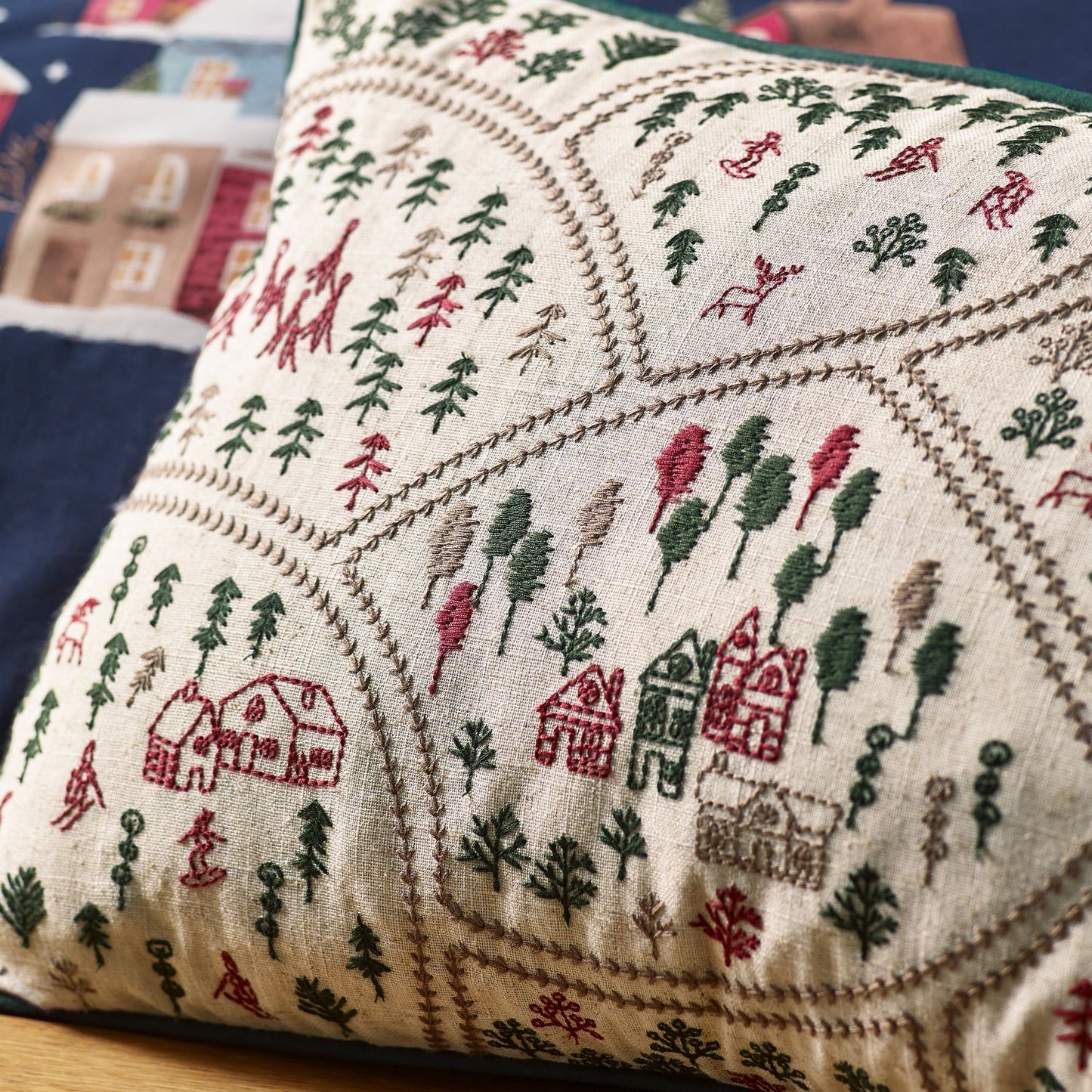 Catherine Lansfield Christmas Ski Village Embroidered Cushion