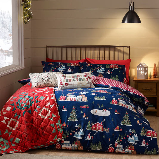 Catherine Lansfield Christmas Ski Village Navy Reversible Duvet Set