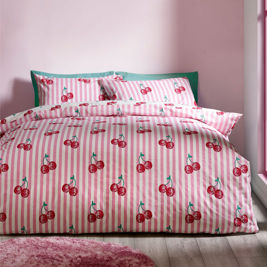 Catherine Lansfield Disco Cherries Pink Stripe Reversible Duvet Set