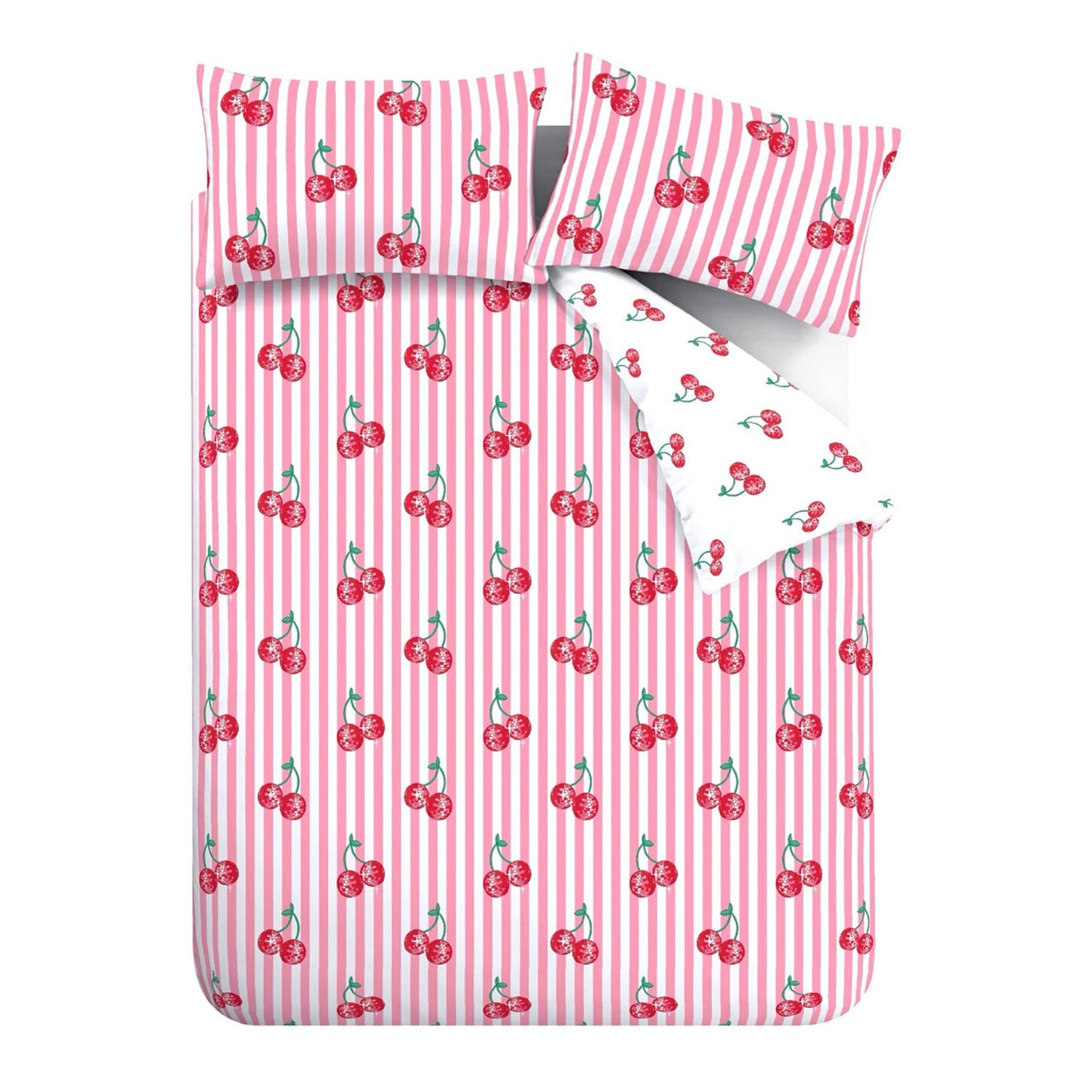 Catherine Lansfield Disco Cherries Pink Stripe Reversible Duvet Set
