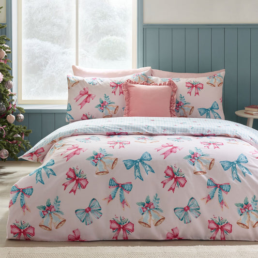 Catherine Lansfield Christmas Bows And Bells Pink Duvet Set