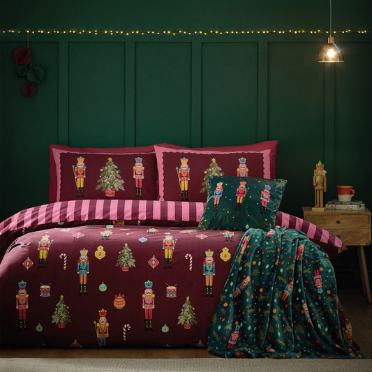 Catherine Lansfield Christmas Nutcracker Plum Stripe Reversible Duvet Set