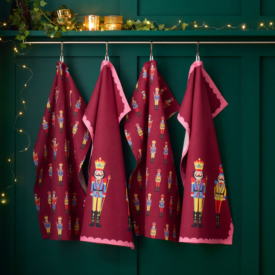 Catherine Lansfield Christmas Nutcracker Plum Cotton Tea Towel Pack of 4