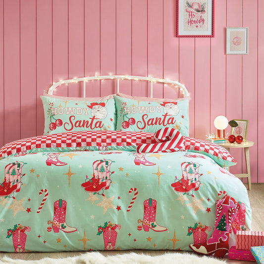 Catherine Lansfield Santa's Howdy Christmas Green Reversible Duvet Set