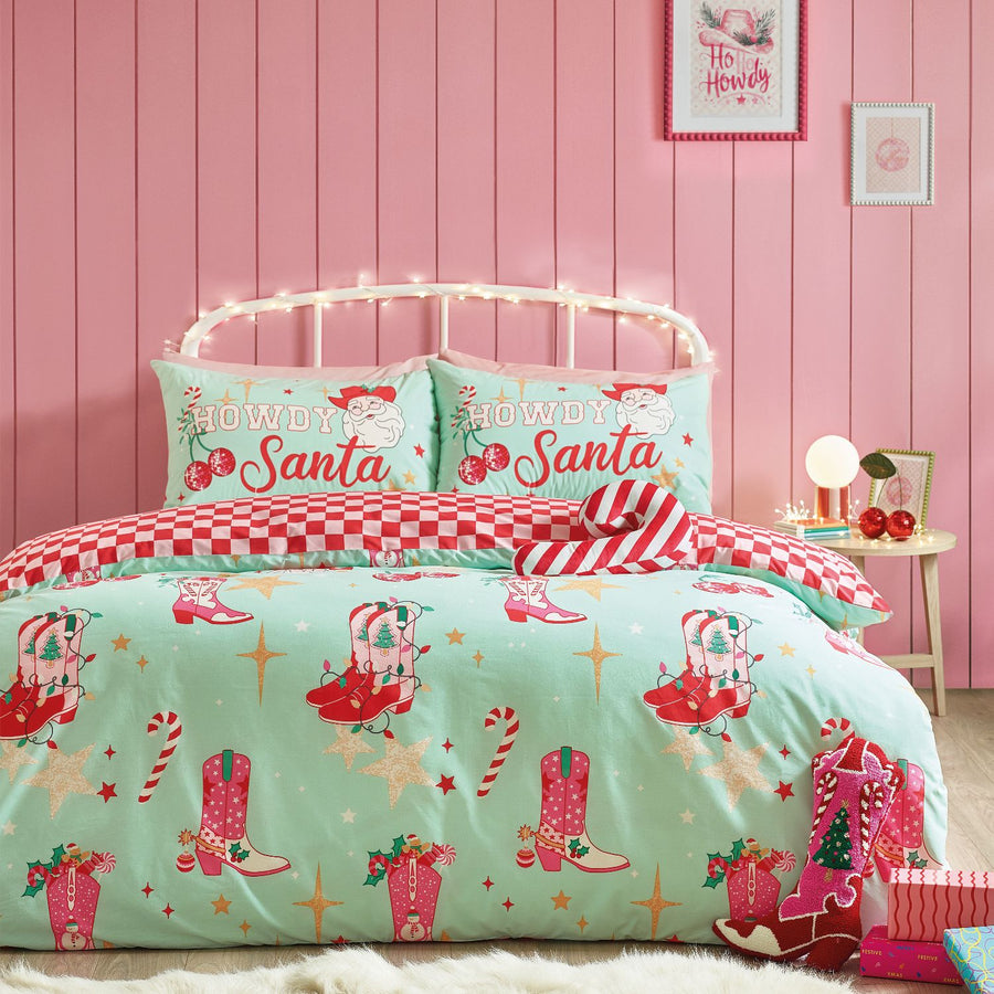 Catherine Lansfield Santa's Howdy Christmas Green Reversible Duvet Set