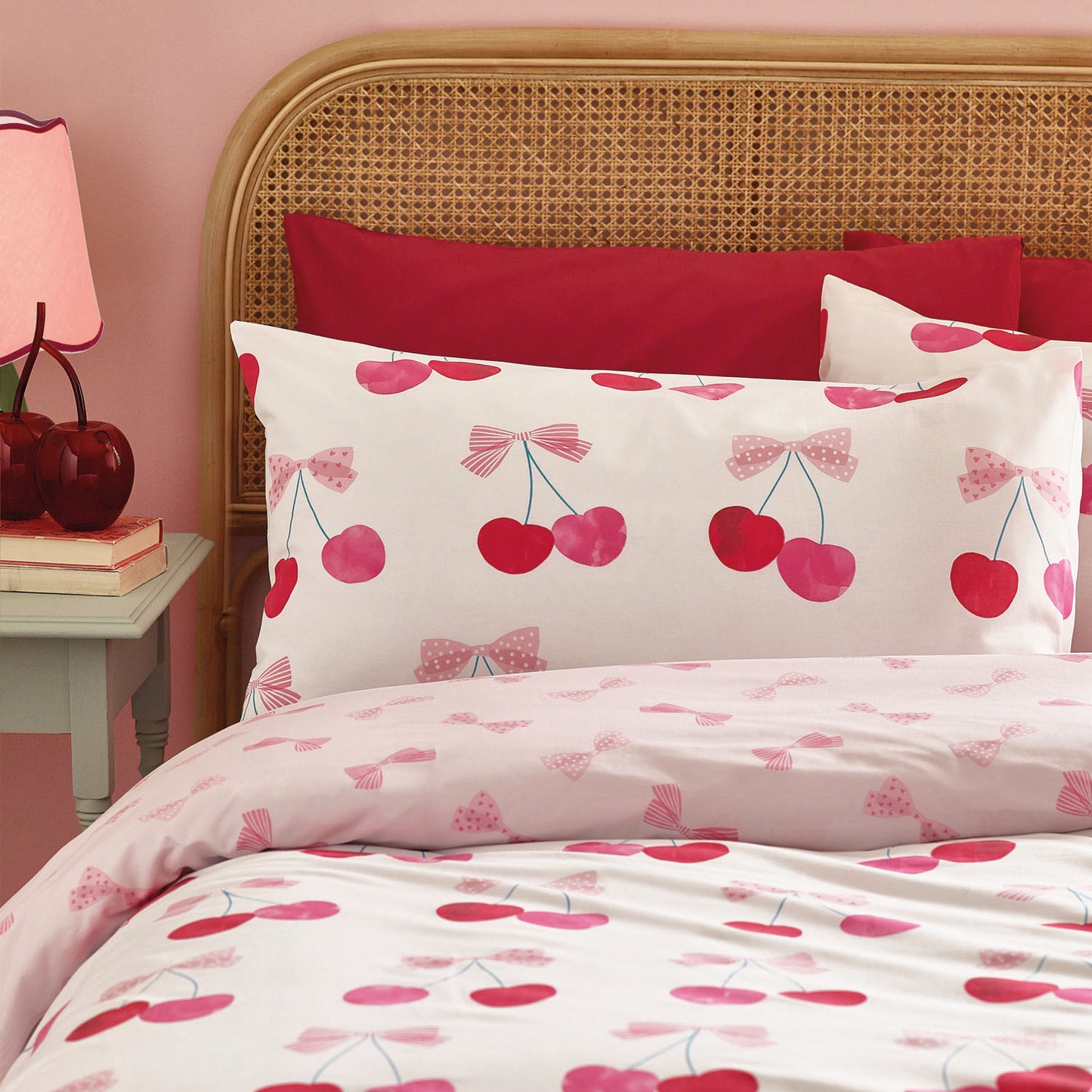 Catherine Lansfield Cherries and Bows Pink Reversible Duvet Set