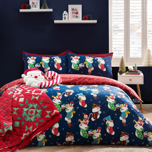 Catherine Lansfield Christmas Elves Navy Cotton Rich Duvet Set