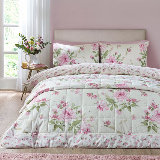 Catherine Lansfield Avebury Cream Floral Reversible Quilted Bedspread