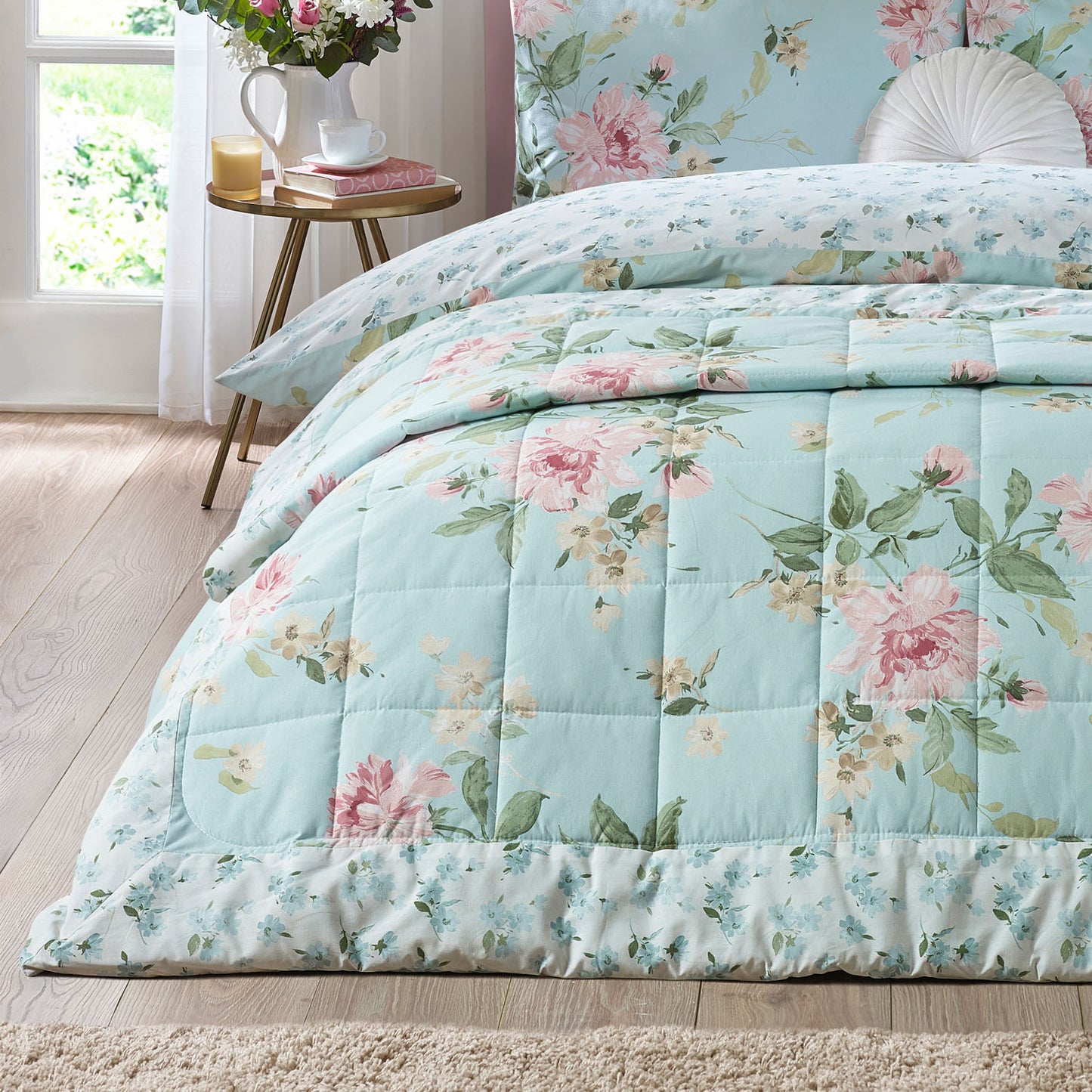 Catherine Lansfield Avebury Duck Egg Floral Reversible Quilted Bedspread