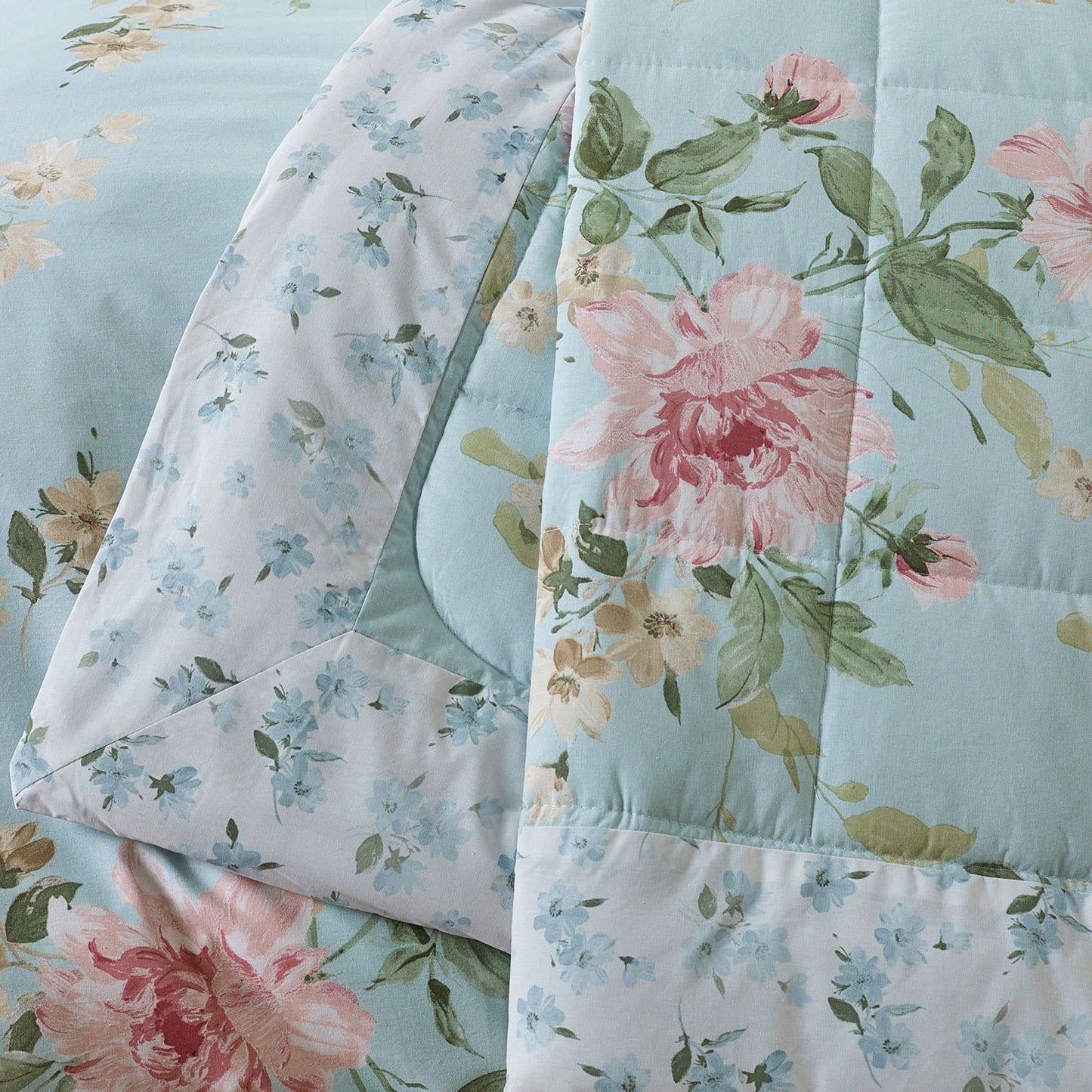 Catherine Lansfield Avebury Duck Egg Floral Reversible Quilted Bedspread
