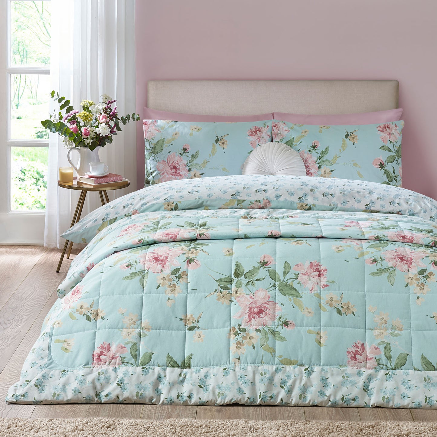 Catherine Lansfield Avebury Duck Egg Floral Reversible Quilted Bedspread