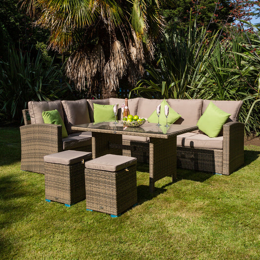 Sandringham Natural Rattan Corner Sofa Garden Dining Set With Footstools
