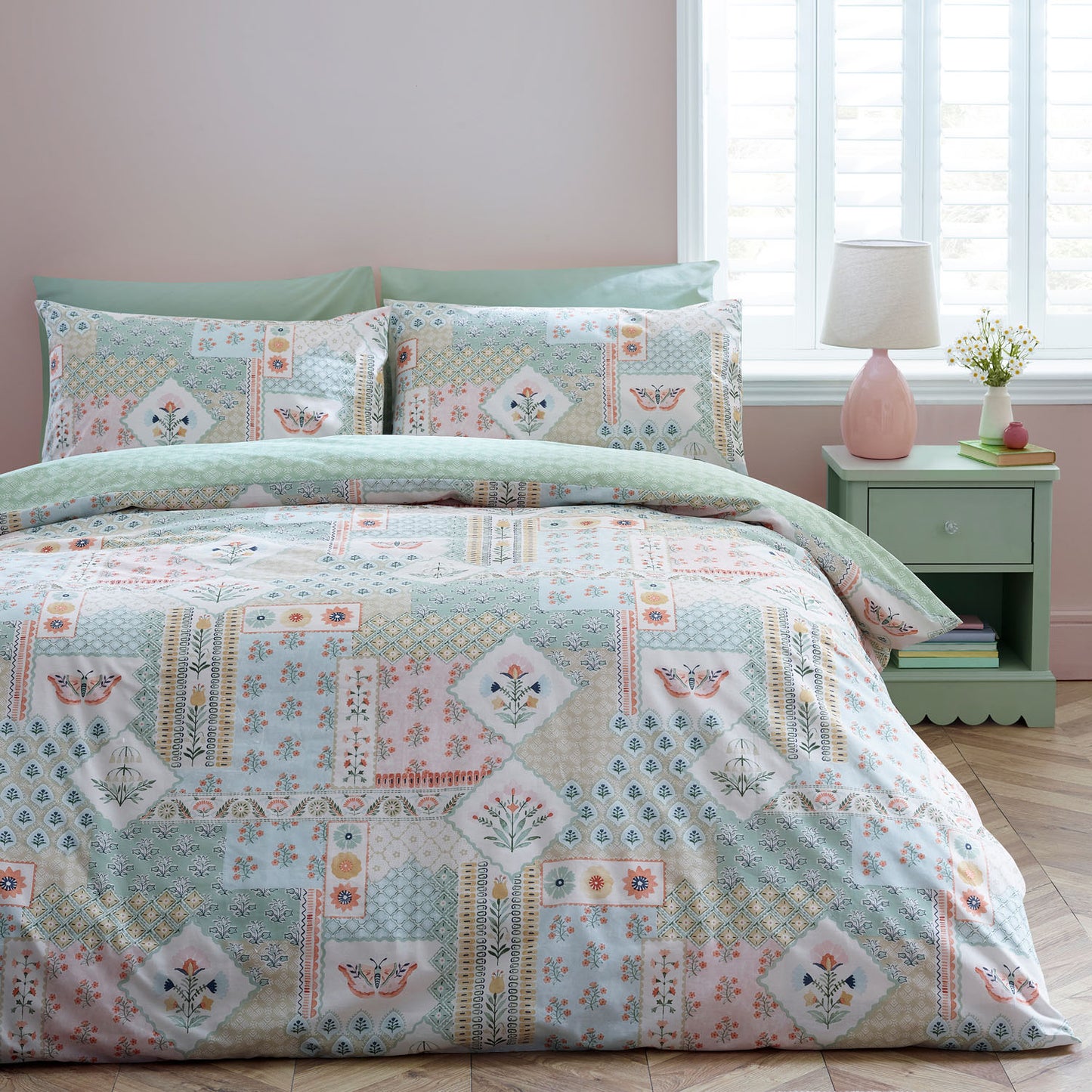 Catherine Lansfield Green Folk Patchwork Reversible Duvet Set