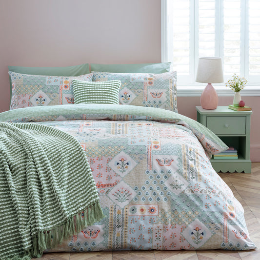 Catherine Lansfield Green Folk Patchwork Reversible Duvet Set