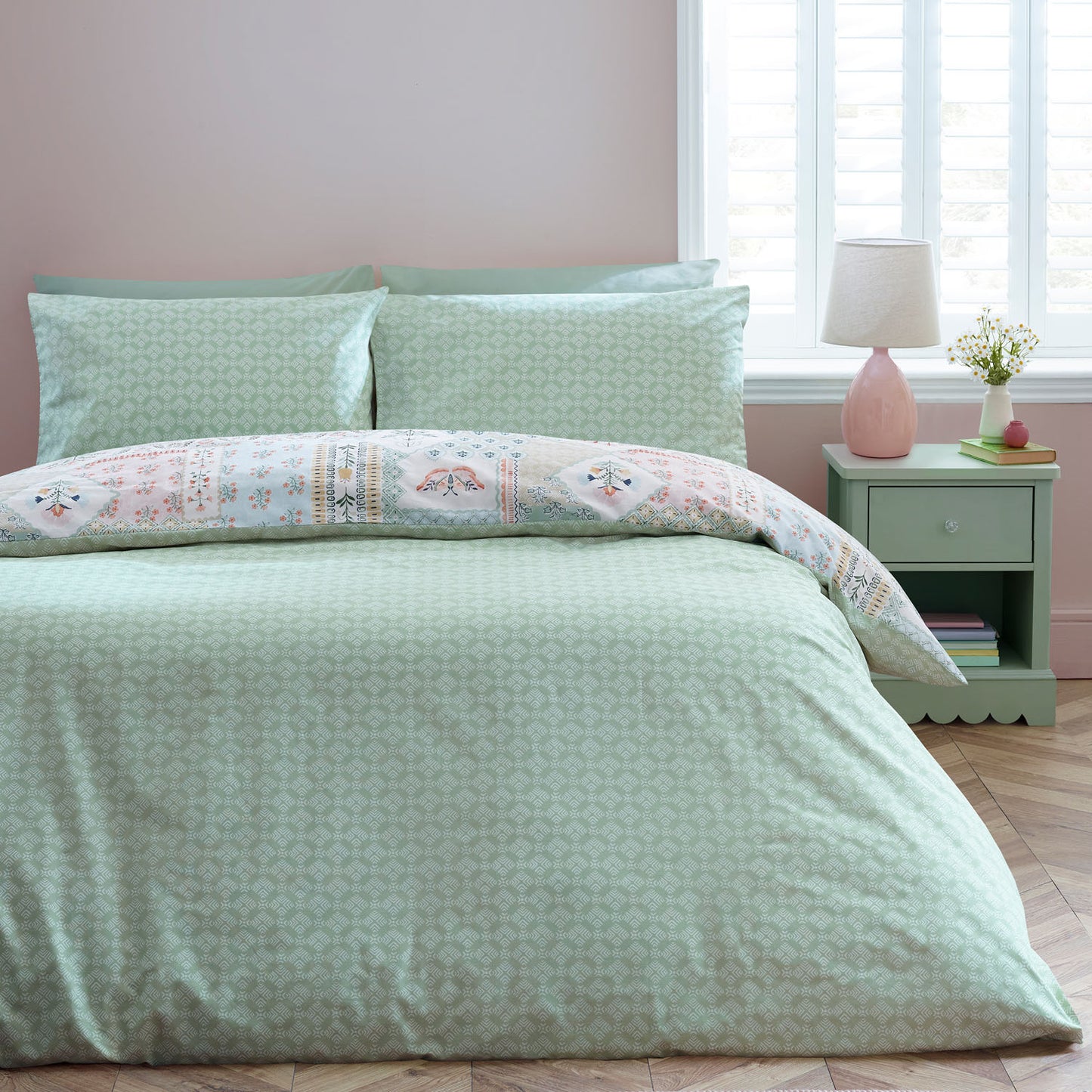 Catherine Lansfield Green Folk Patchwork Reversible Duvet Set