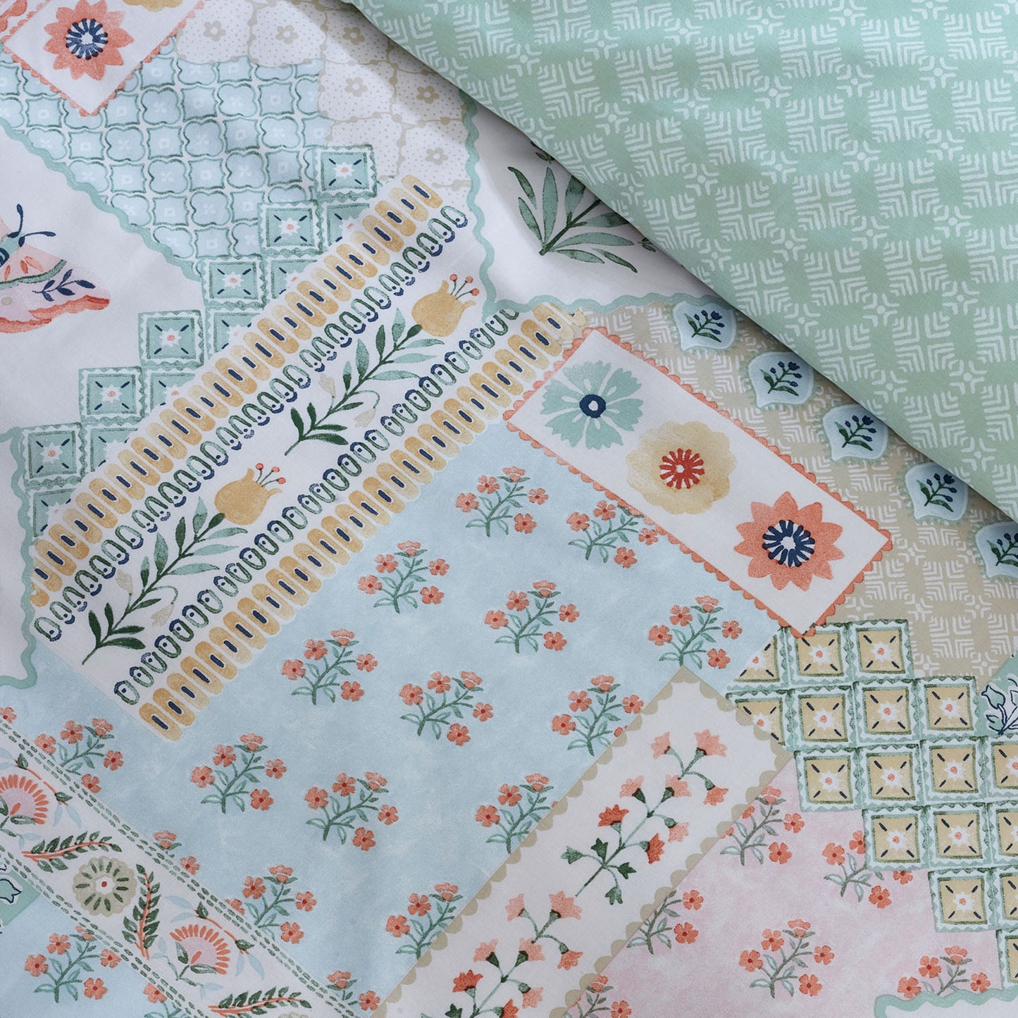 Catherine Lansfield Green Folk Patchwork Reversible Duvet Set