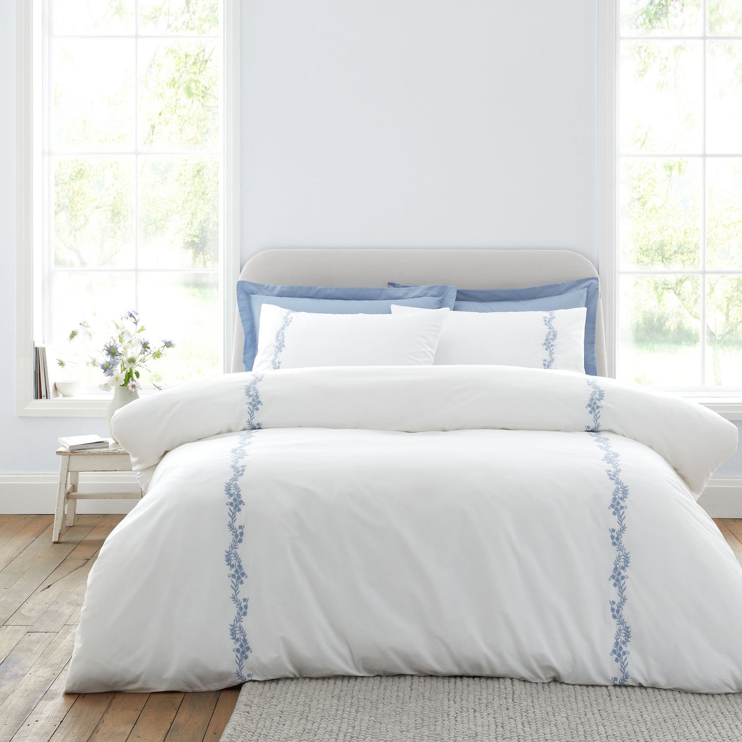 Bianca Camille Blue Embroidered Floral 200TC Cotton Duvet Set