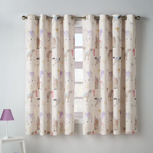 Catherine Lansfield Kids Happy Horses Cream Reversible Eyelet Curtains