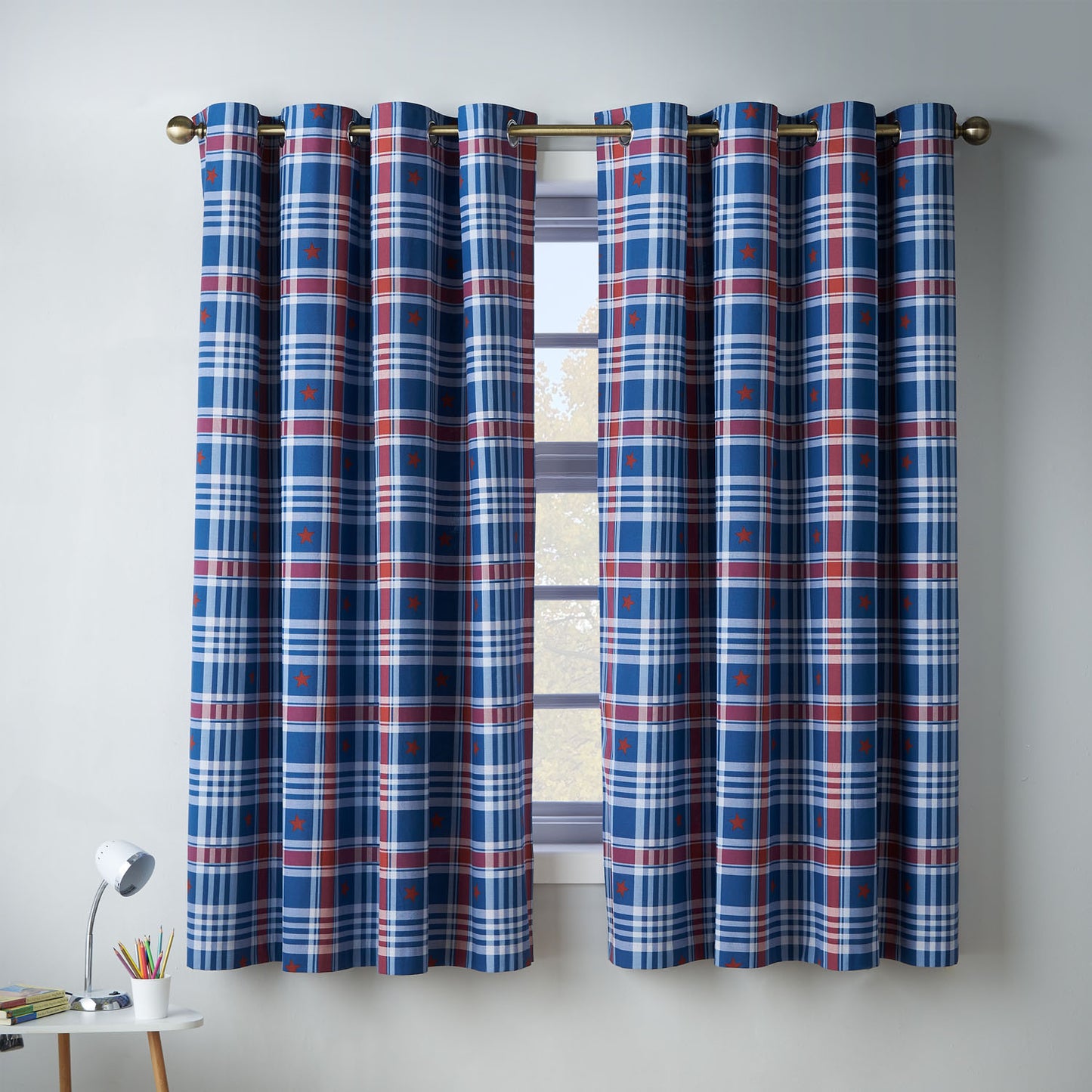 Catherine Lansfield Kids Stars And Check Blue Eyelet Curtains