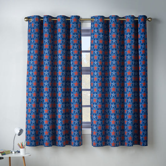 Catherine Lansfield Kids Stars And Check Blue Eyelet Curtains