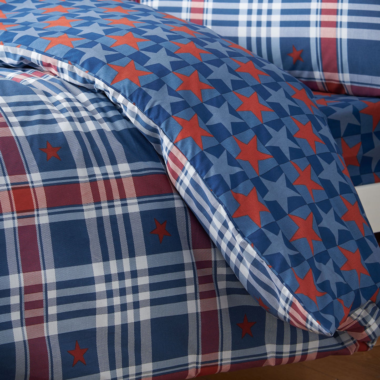 Catherine Lansfield Blue Stars And Check Reversible Duvet Set