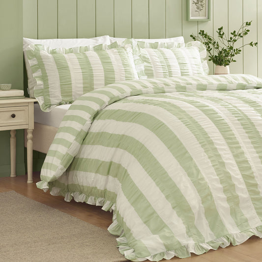 Catherine Lansfield Seersucker Frill Sage Green Stripe Duvet Set