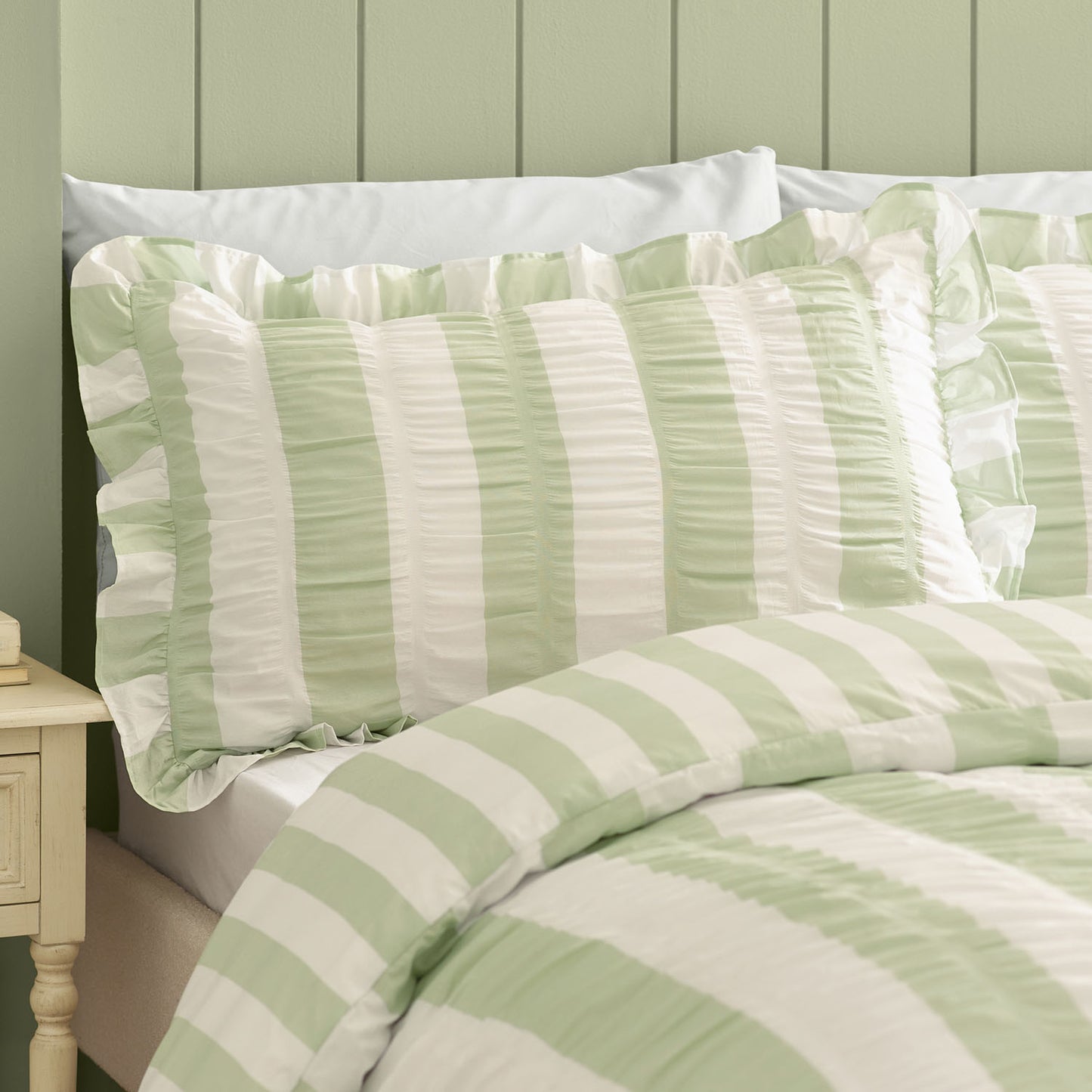 Catherine Lansfield Seersucker Frill Sage Green Stripe Duvet Set