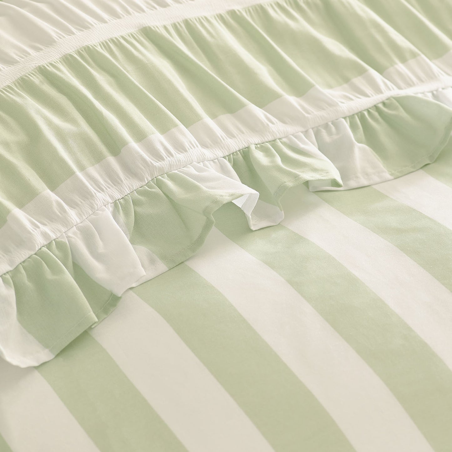 Catherine Lansfield Seersucker Frill Sage Green Stripe Duvet Set