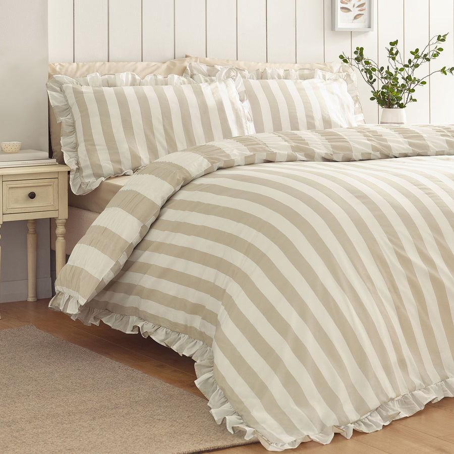 Catherine Lansfield Seersucker Frill Stripe Natural Duvet Set