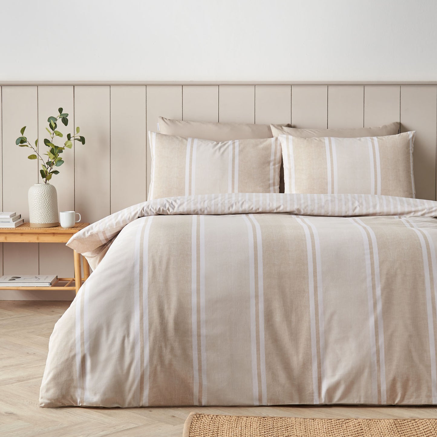 Catherine Lansfield Banded Stripe Natural Reversible Duvet Set