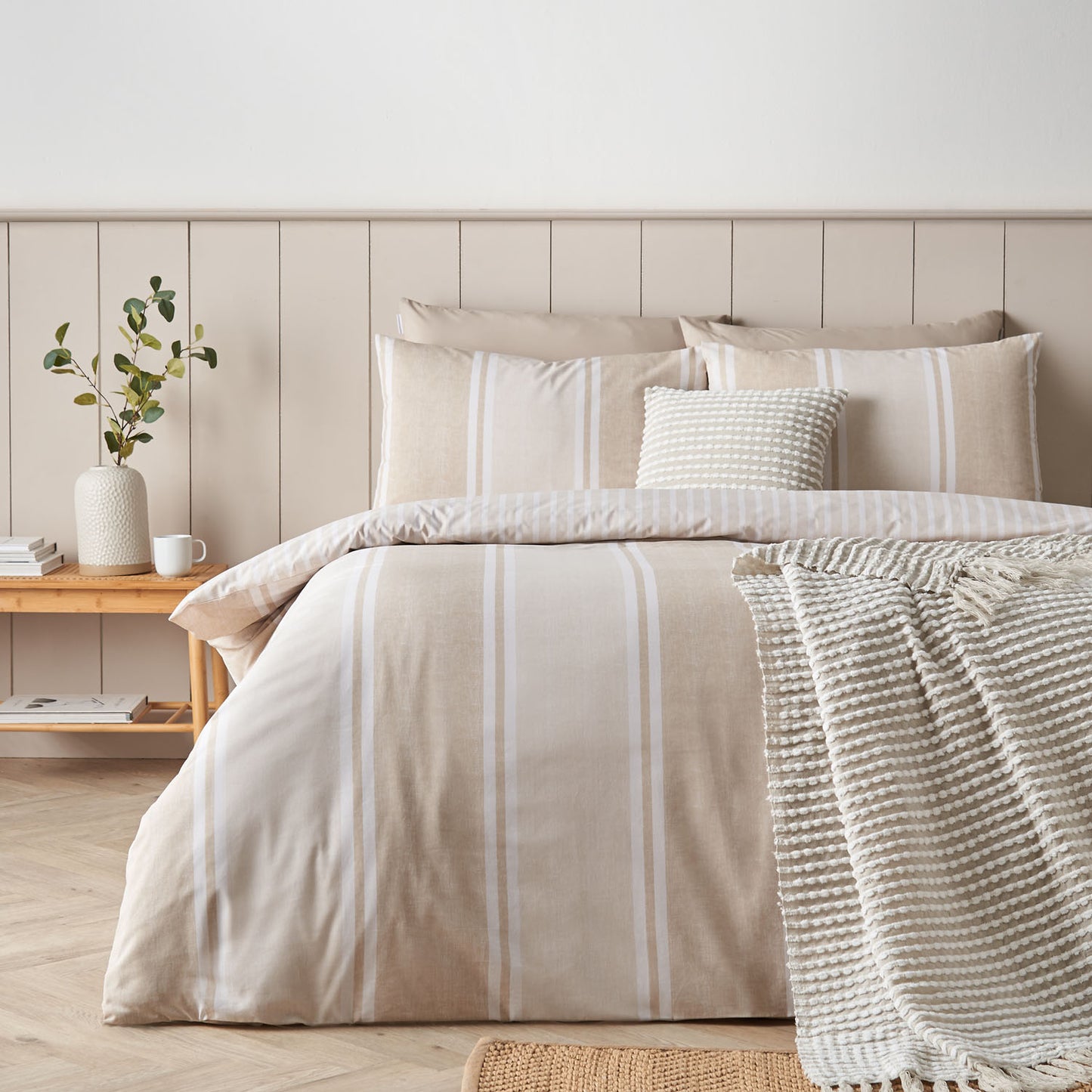 Catherine Lansfield Banded Stripe Natural Reversible Duvet Set