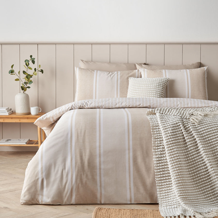 Catherine Lansfield Banded Stripe Natural Reversible Duvet Set