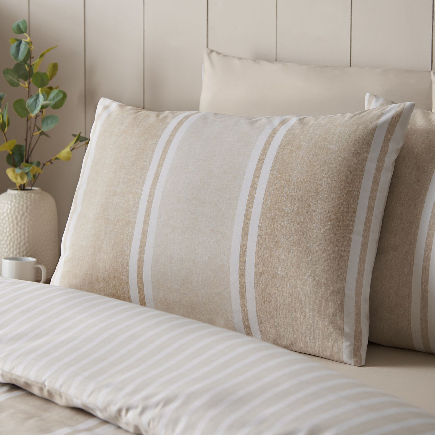 Catherine Lansfield Banded Stripe Natural Reversible Duvet Set