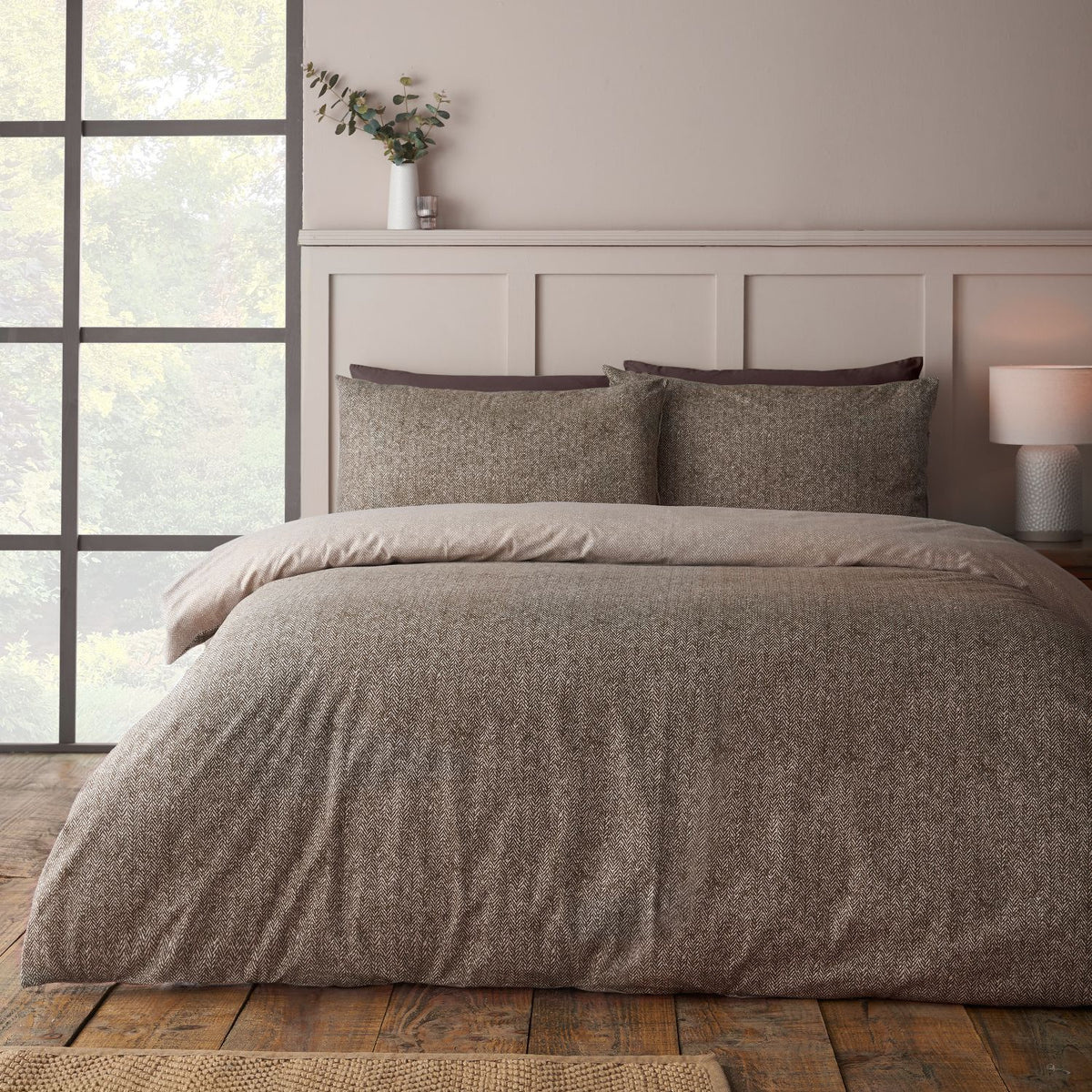 Catherine Lansfield Reversible Herringbone Chocolate Brushed Cotton Duvet Set
