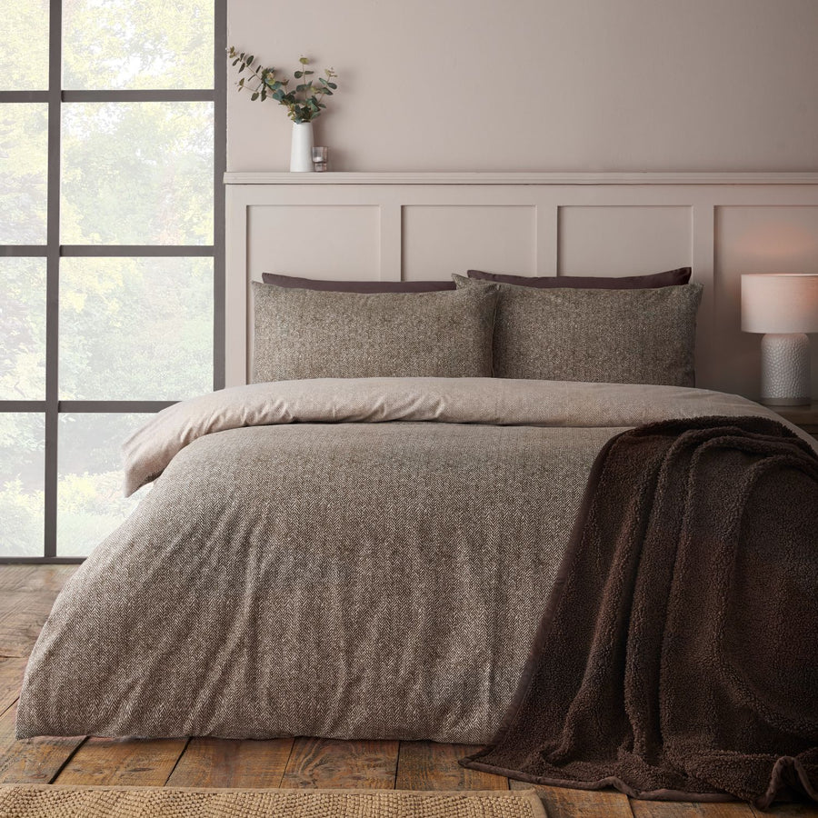 Catherine Lansfield Reversible Herringbone Chocolate Brushed Cotton Duvet Set
