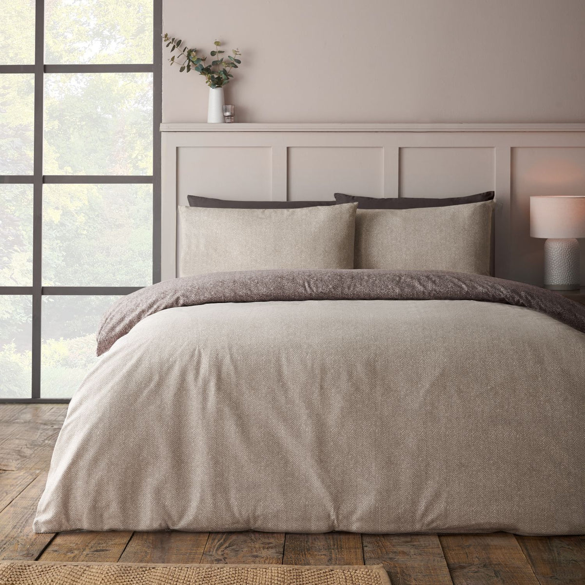 Catherine Lansfield Reversible Herringbone Chocolate Brushed Cotton Duvet Set