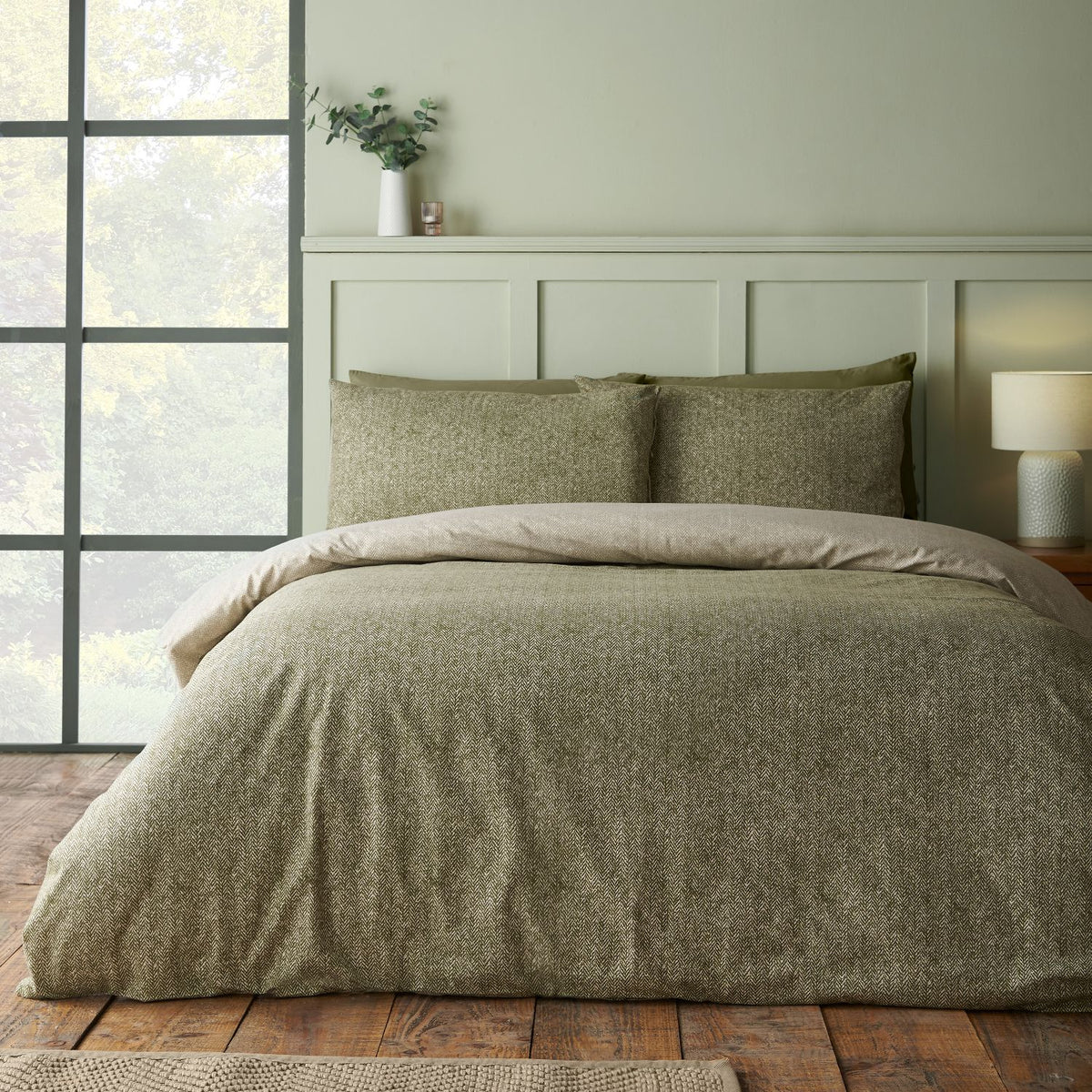 Catherine Lansfield Reversible Herringbone Green Brushed Cotton Duvet Set