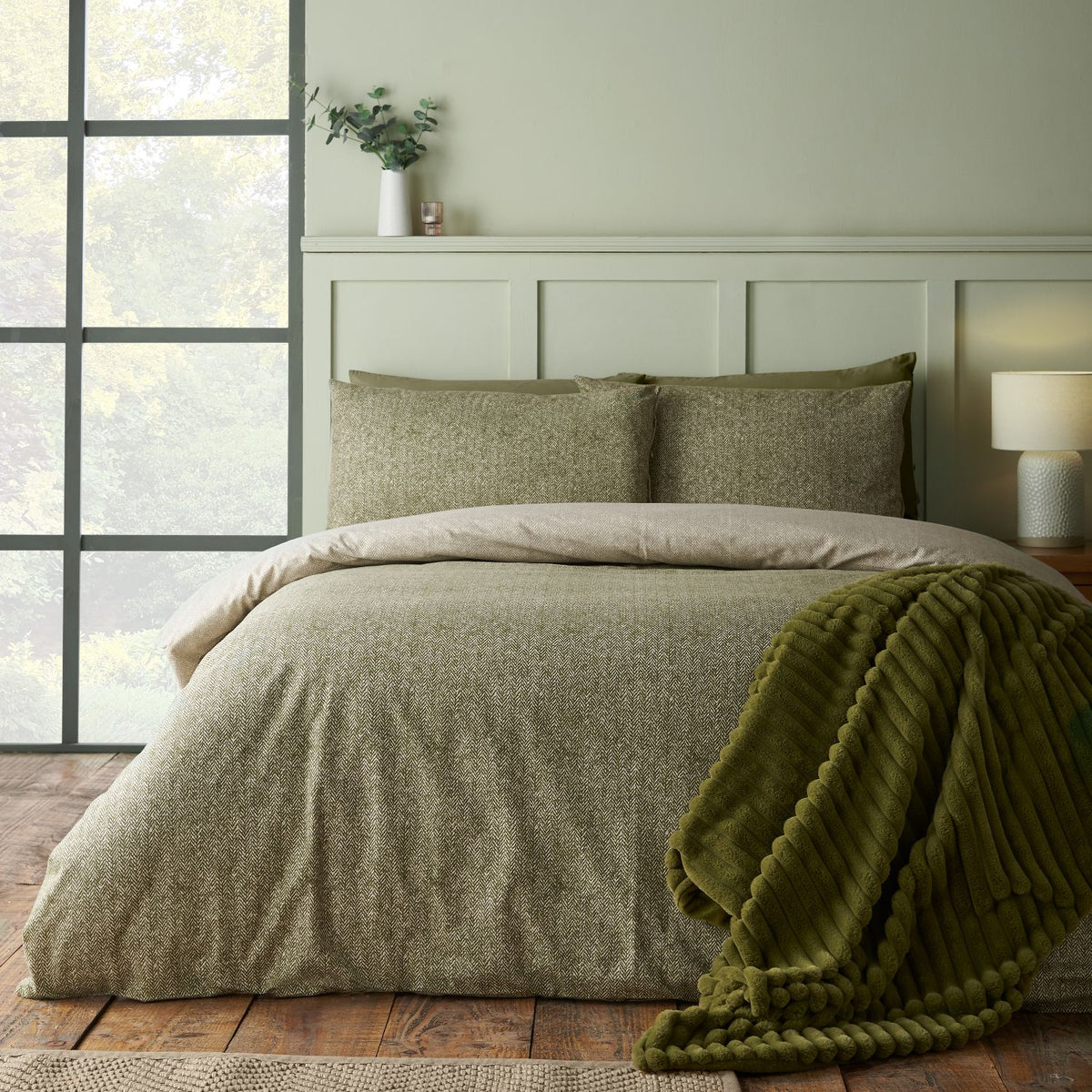 Catherine Lansfield Reversible Herringbone Green Brushed Cotton Duvet Set